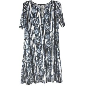 Ellen Weaver Chain Print‎ Tunic Dress Midi Black Blue Medium Summer Dainty Work